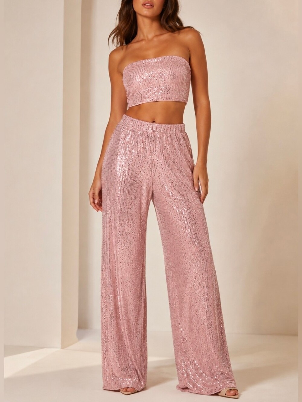 Women's Sequin Wide-Leg Pants & Top- Pink